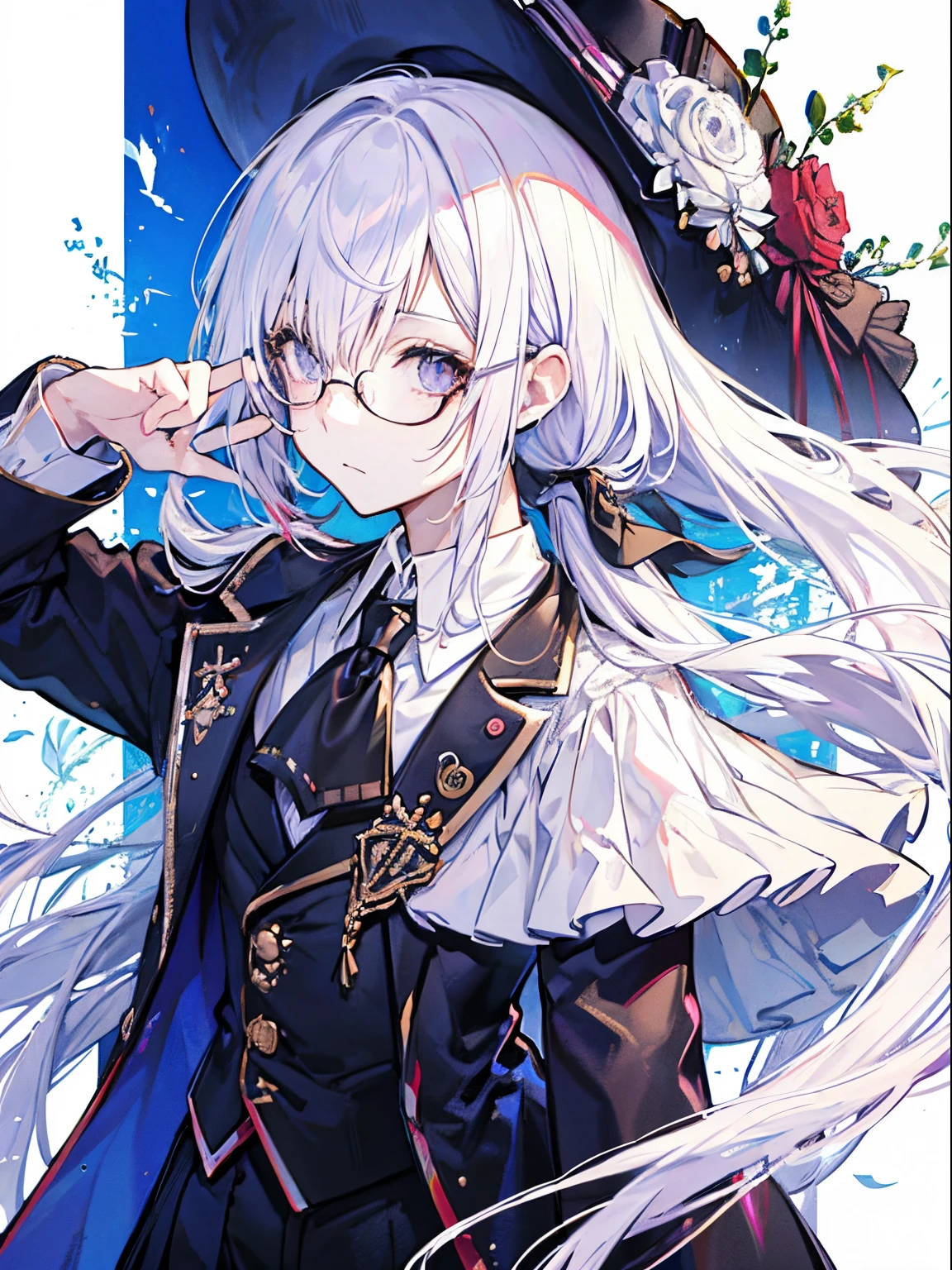 （masutepiece）（high-detail）male in his 20s、white  hair、poneyTail、tailcoat、neck tie、He wears round glasses with no rims、serene expressions