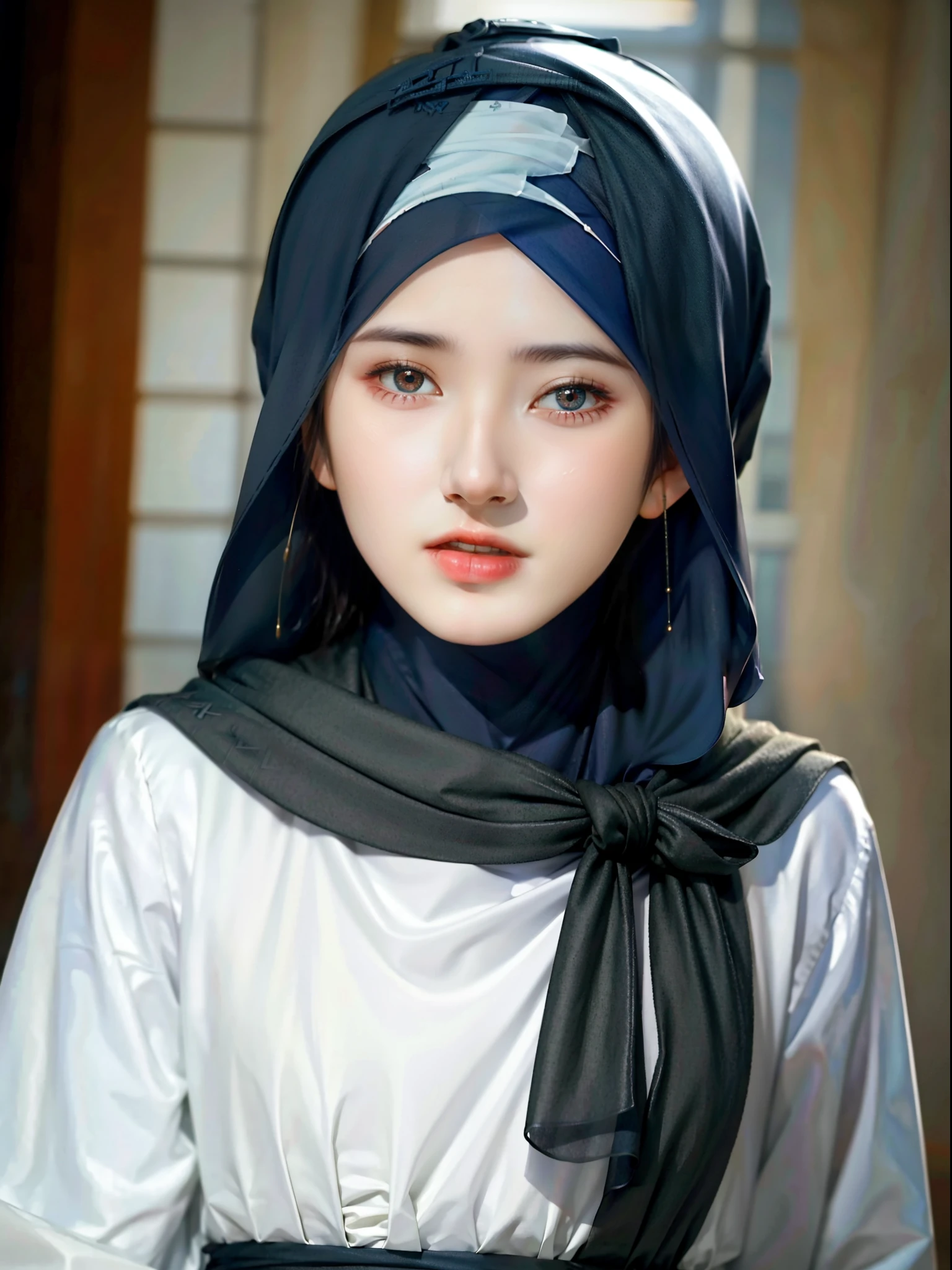 best quality, masterpiece, highres, (moslem female dress:1.4), necklace, Beautiful face, (upon body from head to waist:1.37), tyndall effect, photorealistic, dark studio, rim lighting, two tone lighting, 8k uhd, dslr, soft lighting, high quality, volumetric lighting, candid, Photograph, high resolution, 4k, 8k, Bokeh, (hyperrealistic girl), (illustration), (high resolution), (extremely detailed), (best illustration), (beautiful detailed eyes), (best quality), (ultra-detailed), (masterpiece), (wallpaper), (photorealistic), (natural light), (rim lighting), (detailed face), (high detailed realistic skin texture), (anatomically correct), (solo), (1 girl), (heterochromic eyes), (detailed eyes), (sparkling eyes), (long legs), (dynamic pose), (concentrated expression), (wearing hijab:1.4), (moslem headscarf:1.37), reading glasses.