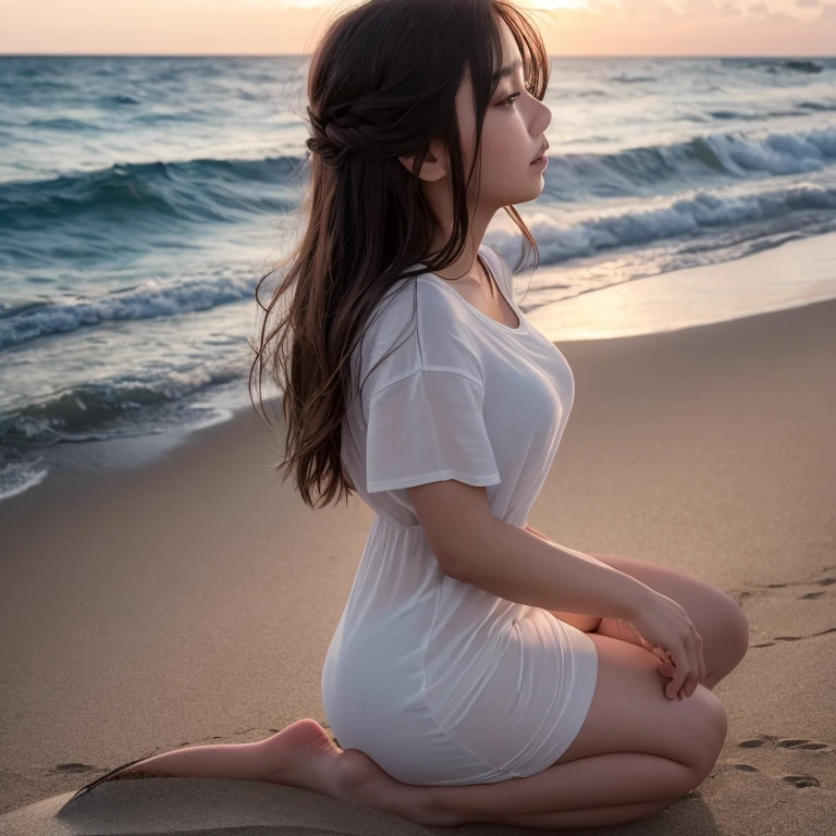Profile looking at the sea、deadpan、sea side、((vague))(Off-beach、)(a very delicate and beautiful)、((Sit down))((The background feels dark))、a very delicate and beautiful)、(Golden hair)(Pulling angle)(tshirts)、dynamic ungle、portlate)、(smooth hair)、(Big eyes)Beautiful expression、de pele branca、depth of fields、radiant lips、sad、(mournful)Sunset background、