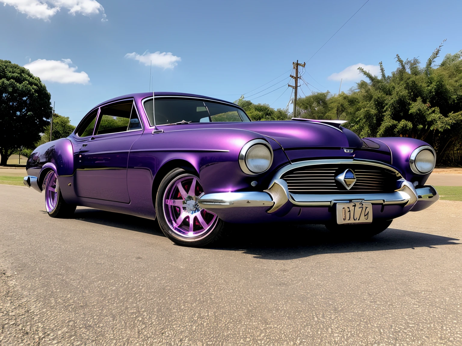 diagonal camera, imagem de Uma linda garota de 18 anos dirigindo dentro de um Mercury Monterey 1950 modificado, COR roxo cromado METALICO reflexivo, metallic purple color, estilo Hotrod , estilo filme stalone cobra, a pintura reflete a luz do sol, reflexo do brilho da luz na pintura, tem roda cor roxa estrela, rodas esportivas grossas e ridiculously largas e viradas, ridiculously lowered front suspension, dentro de uma garagem com paredes brancas, imagem em pose diagonal, obra prima