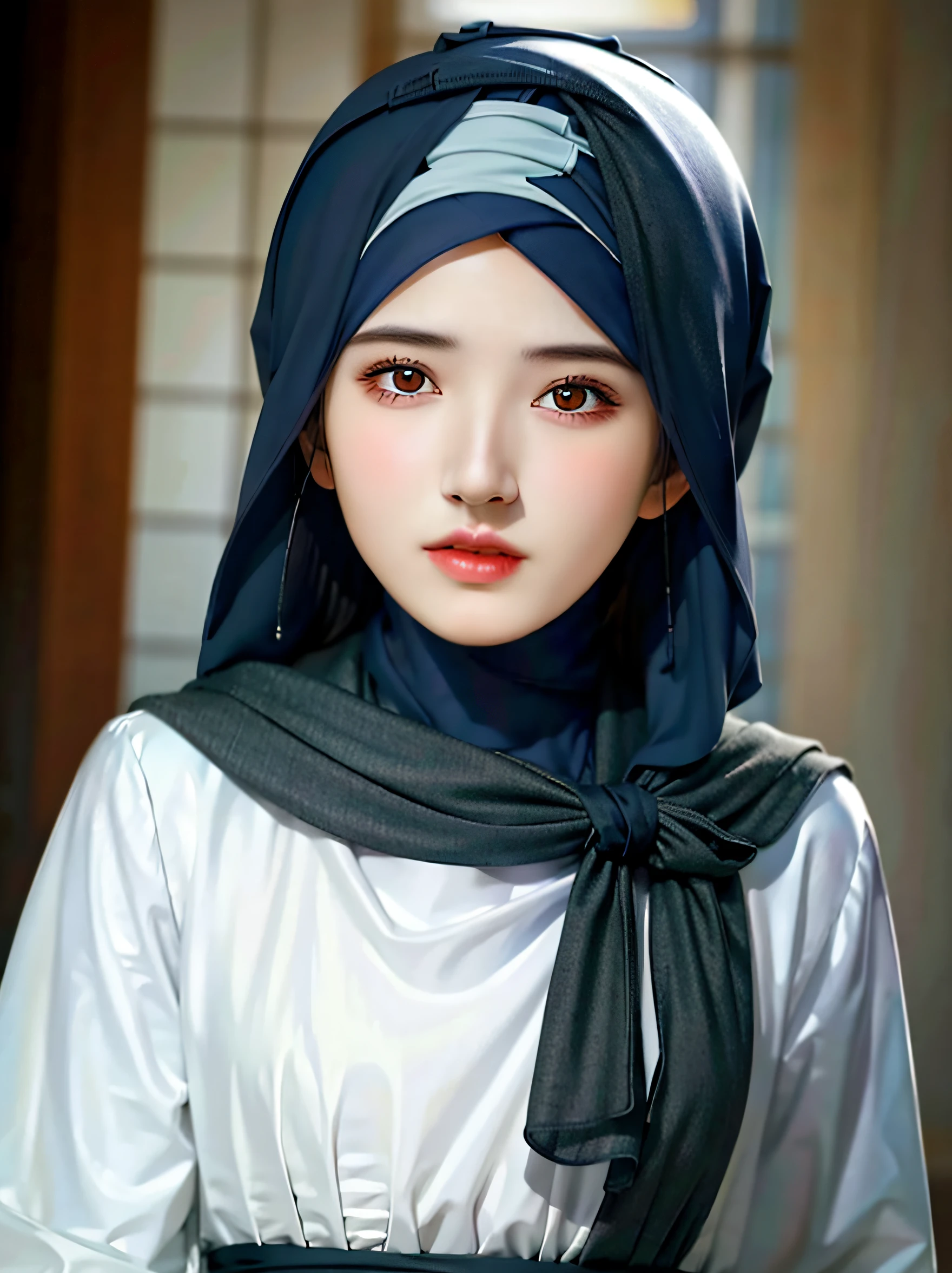 best quality, masterpiece, highres, (moslem female dress:1.4), necklace, Beautiful face, (upon body from head to waist:1.37), tyndall effect, photorealistic, dark studio, rim lighting, two tone lighting, 8k uhd, dslr, soft lighting, high quality, volumetric lighting, candid, Photograph, high resolution, 4k, 8k, Bokeh, (hyperrealistic girl), (illustration), (high resolution), (extremely detailed), (best illustration), (beautiful detailed eyes), (best quality), (ultra-detailed), (masterpiece), (wallpaper), (photorealistic), (natural light), (rim lighting), (detailed face), (high detailed realistic skin texture), (anatomically correct), (solo), (1 girl), (heterochromic eyes), (detailed eyes), (sparkling eyes), (long legs), (dynamic pose), (concentrated expression), (wearing hijab:1.4), (moslem headscarf:1.37), reading glasses.