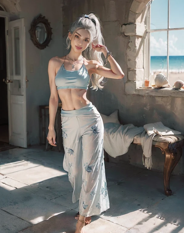 Masterpiece, 8K, photorealistic, ultra realistic, (1girl, solo),
_ 
the most beautiful, European ig idol, 24 years old, 170 cm, (((large breasts:1.2))), (((slender waist, toned thighs, toned arms):1.3)), ((small head, small face:1.2)), diamond Face, small nose, (small mouth), Sharp Faceline, 
_ 
BREAK (((wide shot:1.4))),(under body), walking, from below, Focus foot, 
_ 
(black theme and White), Inorganic, Inorganic concrete studio with window, small window, gray concrete block, highly, blur, blur background, front lightning, Cinematic lighting,
_ 
BREAK ((big eyes, Double eyelid, tareme, droopy eyes):1.3), ((smile, small lips, teeth:1.3)), (mole under eye:1.2), (Perl White teeth), ((gray hair)), short hair, (ponytail), asymmetrical hair, Aqua eyes, light makeup, thin eyebrow, shiny skin, detailed skin, detailed face, (detailed face skin), perfect eyes, (detailed eyes:1.3), shiny hair, ultra-detailed fingers,
_ 
BREAK ((Flowy Palazzo Pants:1.4), Cropped Tank Top, ((Lightweight palazzo pants in a breathable fabric, featuring a beachy print like waves or seashells, Pair with a cropped tank top in a coordinating color, Accessorize with a shell necklace and barefoot sandals for a carefree beach style))), (silver earring, silver bracelet, silver necklace:1.2), raw photo,