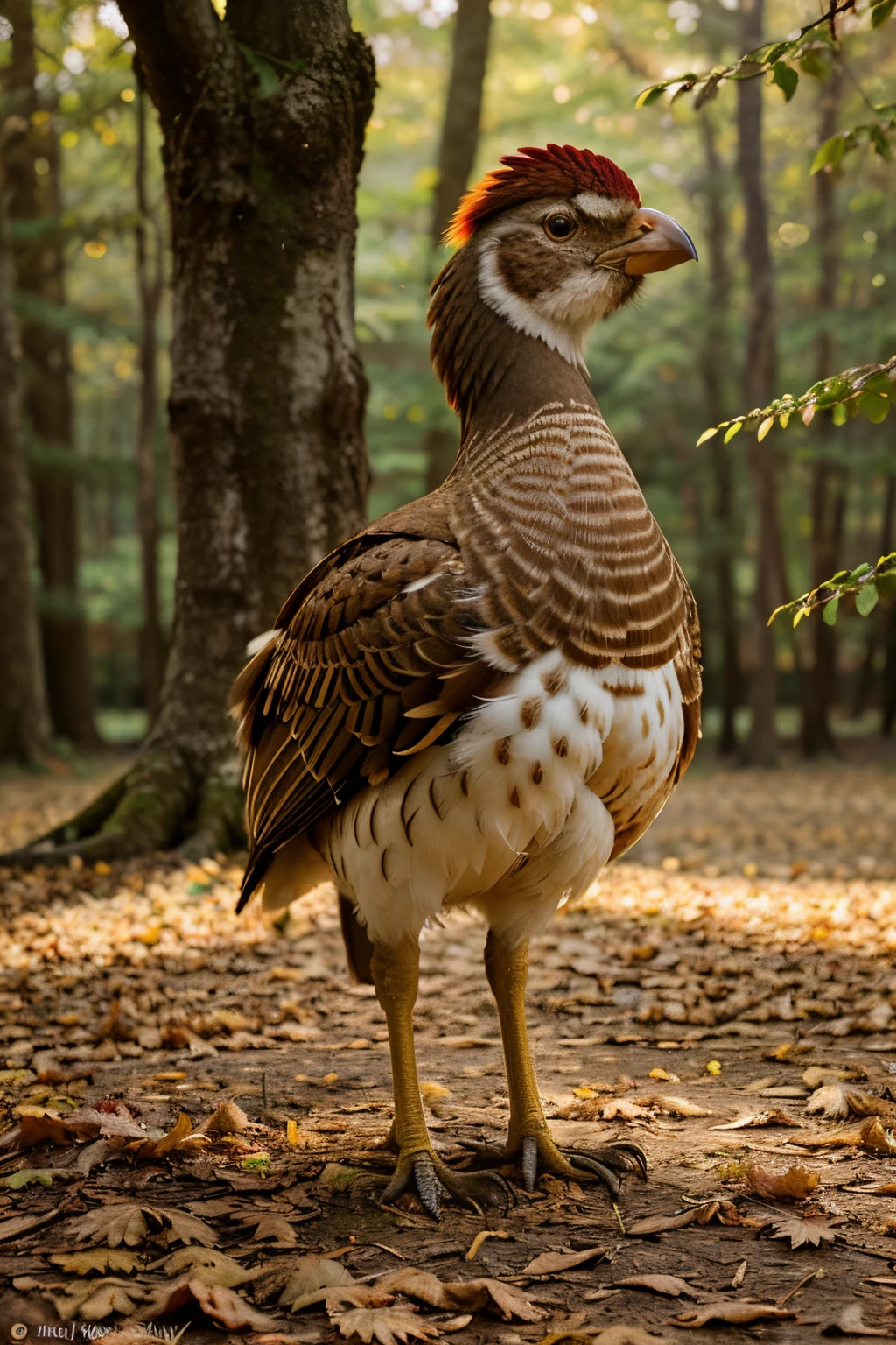 a turkey in a vibrant autumn forest, colorful feathers, detailed plumage, majestic appearance, graceful posture, lively expression, golden sunlight filtering through the trees, lush green foliage, fallen leaves carpeting the ground, a sense of tranquility, wildlife encounter, natural beauty, photorealistic rendering, ultra-detailed depiction, professional photography, vivid colors, fine brushstrokes, warm color palette, soft lighting