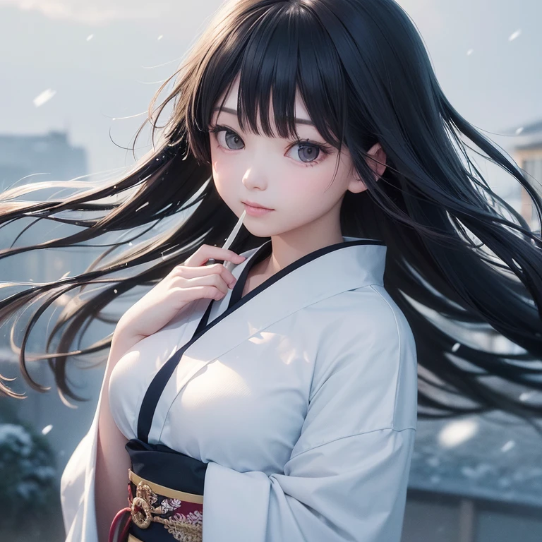 (Kimono)、、(top-quality,masterpiece:1.3,超A high resolution,),(ultra-detailliert,Caustics),(Photorealsitic:1.4,RAW shooting,)Ultra-realistic capture,A highly detailed,high-definition16Kfor human skin、 Skin texture is natural、、The skin looks healthy with an even tone、 Use natural light and color,One Woman,japanes,,kawaii,A dark-haired,Middle hair,(depth of fields、chromatic abberation、、Wide range of lighting、Natural Shading、)、、(Falling snow:1.2)、(Hair swaying in the wind:1.2)、(Snow reflects light:1.2)、Back lighting、Random posture、(Focus on face and chest)(big breasts)