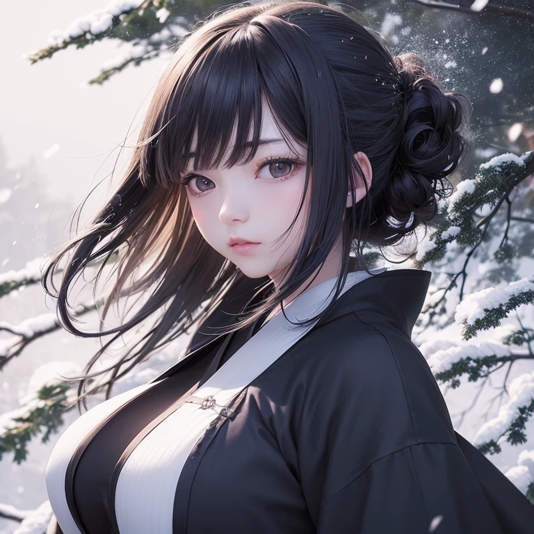 (Kimono)、、(top-quality,masterpiece:1.3,超A high resolution,),(ultra-detailliert,Caustics),(Photorealsitic:1.4,RAW shooting,)Ultra-realistic capture,A highly detailed,high-definition16Kfor human skin、 Skin texture is natural、、The skin looks healthy with an even tone、 Use natural light and color,One Woman,japanes,,kawaii,A dark-haired,Middle hair,(depth of fields、chromatic abberation、、Wide range of lighting、Natural Shading、)、、(Falling snow:1.2)、(Hair swaying in the wind:1.2)、(Snow reflects light:1.2)、Back lighting、Random posture、(Focus on face and chest)(big breasts)