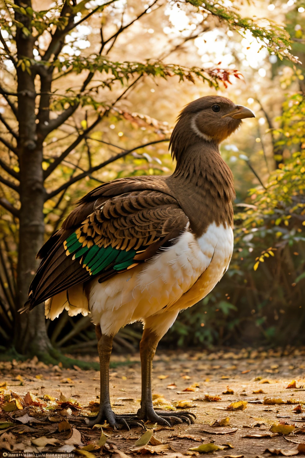 a turkey in a vibrant autumn forest, colorful feathers, detailed plumage, majestic appearance, graceful posture, lively expression, golden sunlight filtering through the trees, lush green foliage, fallen leaves carpeting the ground, a sense of tranquility, wildlife encounter, natural beauty, photorealistic rendering, ultra-detailed depiction, professional photography, vivid colors, fine brushstrokes, warm color palette, soft lighting