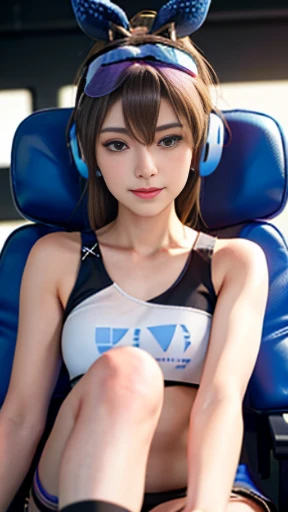 girl, blue eyes, Esport kitty headphones, light brown hair, playing guitar, tanktop, sitting on gaming chair, in a streaming room, smiling, realistic fingers, high texture hands