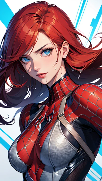 (best quality, masterpiece, colorful, dynamic angle, highest detailed) upper body photo, fashion photography of cute, j. scott campbell style,  mary jane watson, red hair, torn spiderman suit,(ultrahigh resolution textures), in dynamic pose, bokeh, glowing web, (intricate details, hyperdetailed:1.15), detailed, light passing through hair, colorful art flat background(official art, extreme detailed, highest detailed), calmart, revealing clothes, coquettish, black streaks in hair, living clothes, shiny skin, dripping in fluids, sticky fluids on skin, Al Rio style