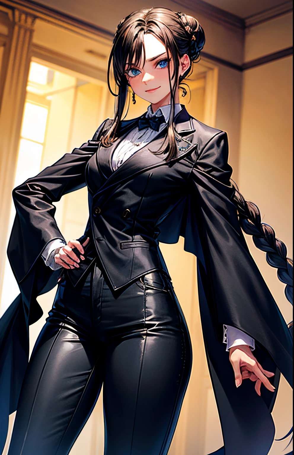 Legar (my oc) she has dark brunette long hair tied into a bun and is 6’9 for her height and she has a medium 1.5 for breasts blue_eyes right eye has a shiny black monocle has cyan suit jacket with black tight shirt tight black pants and black tap shoes she doesn’t smile.