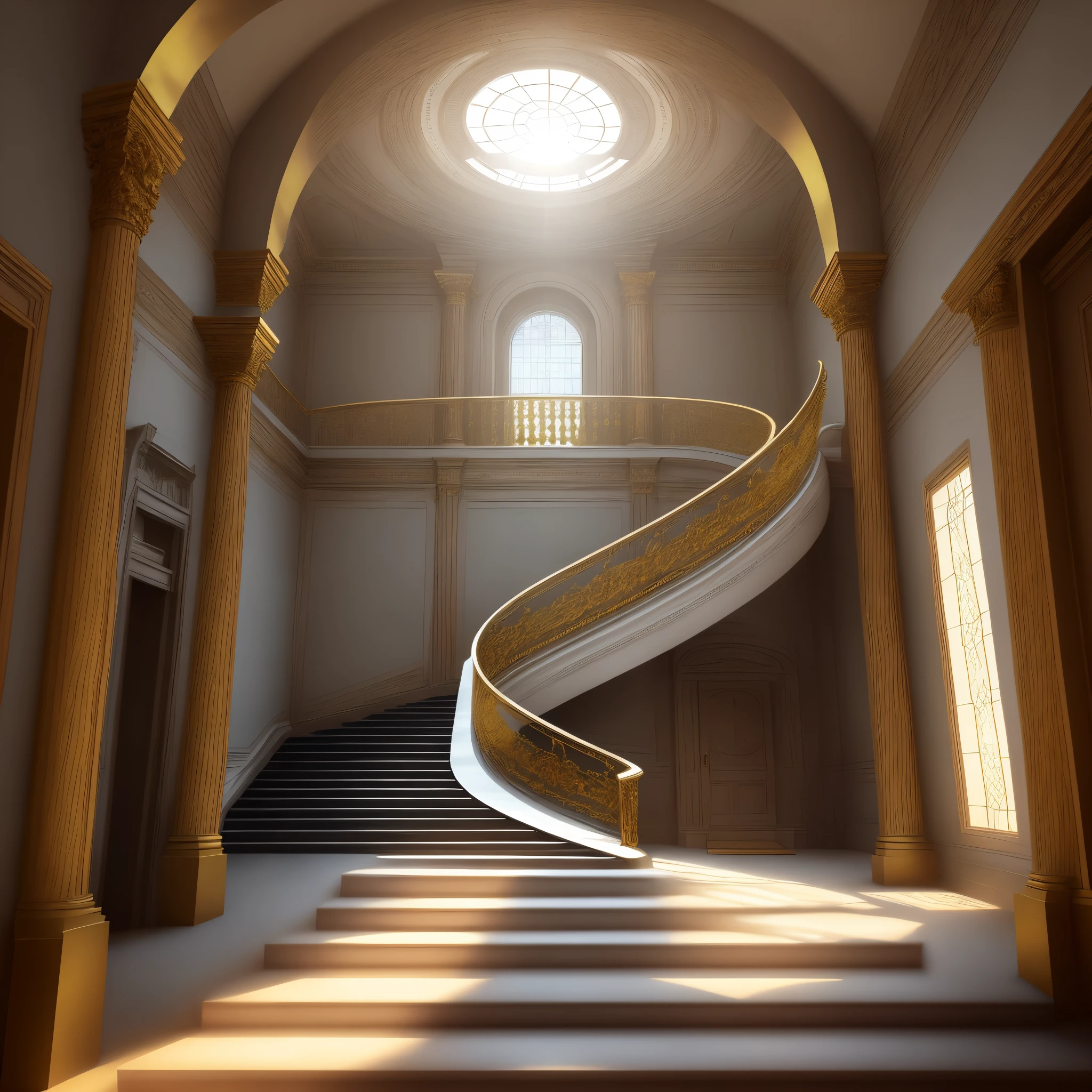 A throne room of gold and glass with a grand stair case leading up the the throne that reflects the sun. The room had high arch ways and is open air