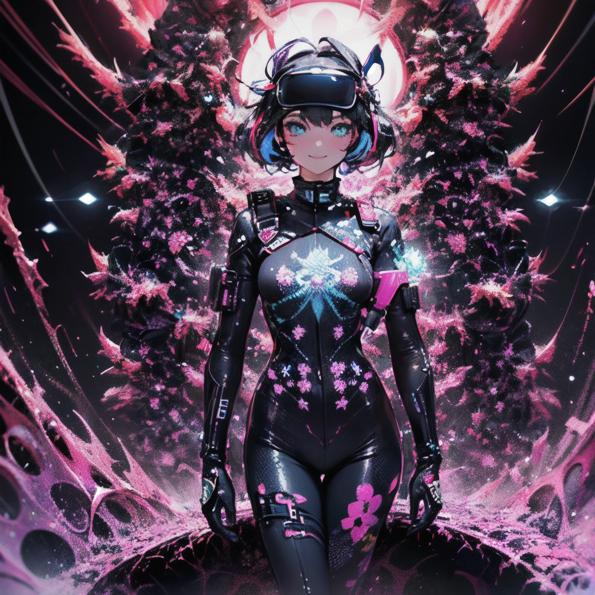 (cyberpunked),Optical camouflage、VR Goggles、Neon light、City of the Future、Jumpsuit、(1girl in, Solo:1.6),(Cute smile),(Clothes are simple), (Best Impact:1.5), (maximalism:1.7), Vivid contrast, (Realistic), hyperrealistic illustrations, hight resolution, ultra-detailliert, absurderes,(Fractal Art:1.3)、Random hairstyle、Random hair color colorful、FULL BODYSHOT、Retro、Precise focus、randome pose、cinema4d、Drama