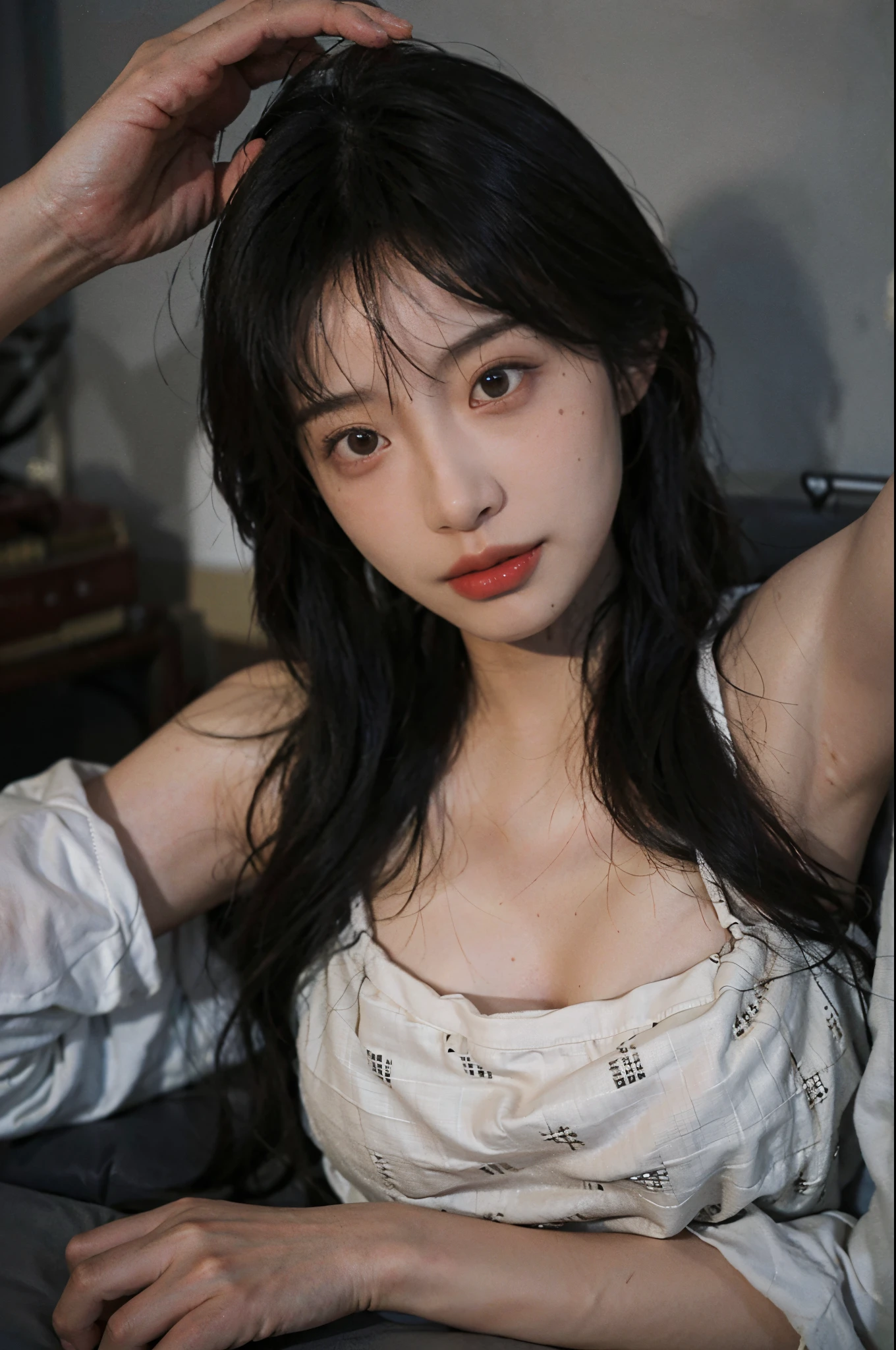 8K,Best quality at best, tmasterpiece, 超高分辨率, (realisticlying:1.4), RAW photogr, (authentic skin texture:1.3), (filmgrain:1.3), (Selfie angle),1个Giant Breast Girl,beautiful detailed eyes and face,tmasterpiece, Best quality at best,closeup cleavage, and the freckles on his face, Lying under the covers, Wear a fever-reducing patch on your head