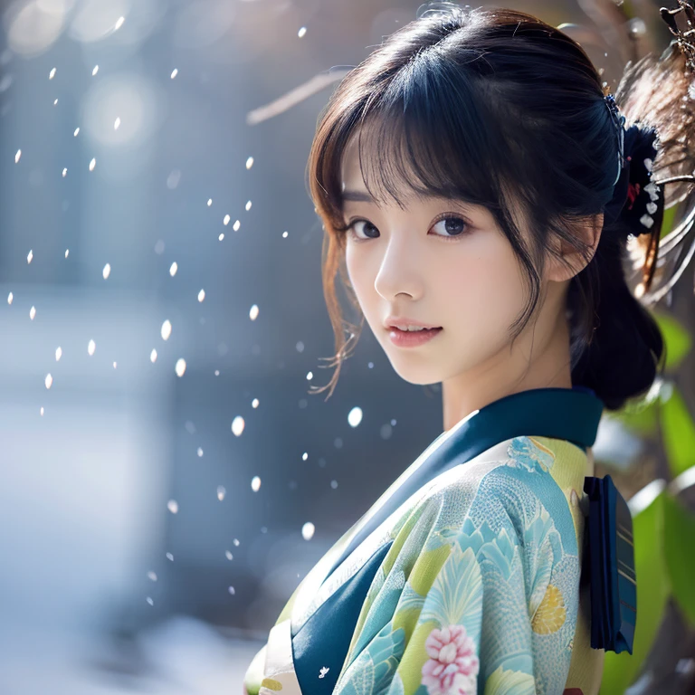 (Kimono)、、(top-quality,masterpiece:1.3,超A high resolution,),(ultra-detailliert,Caustics),(Photorealsitic:1.4,RAW shooting,)Ultra-realistic capture,A highly detailed,high-definition16Kfor human skin、 Skin texture is natural、、The skin looks healthy with an even tone、 Use natural light and color,One Woman,japanes,,kawaii,A dark-haired,Middle hair,(depth of fields、chromatic abberation、、Wide range of lighting、Natural Shading、)、、(Falling snow:1.2)、(Hair swaying in the wind:1.2)、(Snow reflects light:1.2)、Back lighting、Random posture、(focus on face and breasts)(huge tit)
