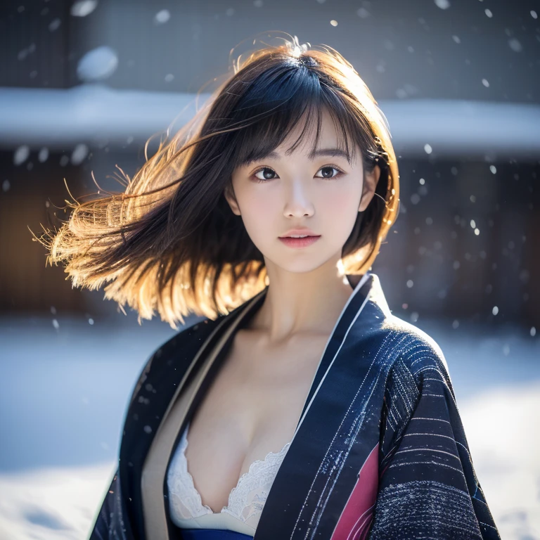 (Kimono)、、(top-quality,masterpiece:1.3,超A high resolution,),(ultra-detailliert,Caustics),(Photorealsitic:1.4,RAW shooting,)Ultra-realistic capture,A highly detailed,high-definition16Kfor human skin、 Skin texture is natural、、The skin looks healthy with an even tone、 Use natural light and color,One Woman,japanes,,kawaii,A dark-haired,Middle hair,(depth of fields、chromatic abberation、、Wide range of lighting、Natural Shading、)、、(Falling snow:1.2)、(Hair swaying in the wind:1.2)、(Snow reflects light:1.2)、Back lighting、Random posture、(focus on face and breasts)(huge tit)