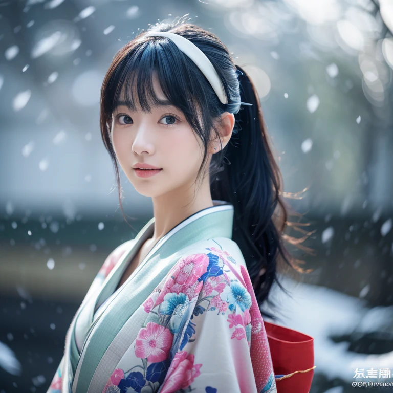 (Kimono)、、(top-quality,masterpiece:1.3,超A high resolution,),(ultra-detailliert,Caustics),(Photorealsitic:1.4,RAW shooting,)Ultra-realistic capture,A highly detailed,high-definition16Kfor human skin、 Skin texture is natural、、The skin looks healthy with an even tone、 Use natural light and color,One Woman,japanes,,kawaii,A dark-haired,Middle hair,(depth of fields、chromatic abberation、、Wide range of lighting、Natural Shading、)、、(Falling snow:1.2)、(Hair swaying in the wind:1.2)、(Snow reflects light:1.2)、Back lighting、Random posture、(focus on face and breasts)(huge tit)