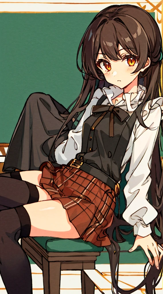 Hori Kyouko, 1 girl, black skirt, black stockings, brown hair, married, collared dress, one-piece dress, hime hair, long hair, long sleeves, looking at viewer, orange eyes, princess dress, sitting, skirt, alone, thigh-high stockings, plaid dress, Hori Kyouko, in her one-piece dress and short brown hair, is visibly uncomfortable. Hori Kyouko is a charming girl with brown hair. She wears a black skirt, black stockings, and a one-piece dress with a collar and long sleeves. Her hair is styled in a hime style, like a princess, accentuating her elegance. With her orange eyes gazing at the viewer, Hori Kyouko exudes an attractive and enigmatic presence. Dressed like a princess in her plaid dress and apron, she sits alone, her thighs delicately exposed. Her appearance is erotic and cute, and her gaze towards the viewer is full of sensuality