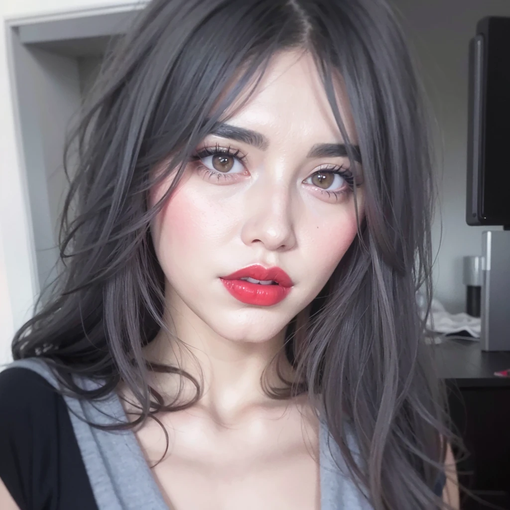 arafed woman with long dark hair and red lipstick posing for a picture, sexy face with full makeup, faint red lips, red lipstick on face, with dark grey hair, grey contacts, light-red lips, dark gray hair, dark hair and makeup, red lips, perfect face ), big eyes and lips, with pale skin, natural soft pale skin