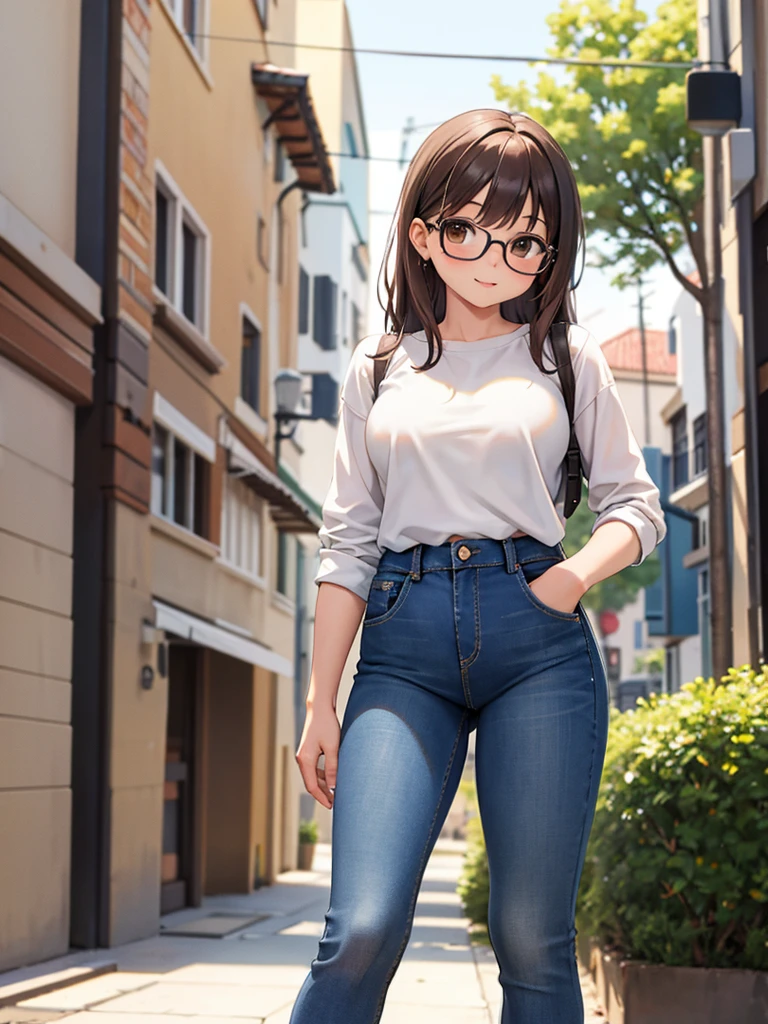 chica con jeans y polera blanca, (mostrando estomago), pechos moderados, botas, posando para una foto, (lentes) , brown-hair, (avergonzada), (adorable)