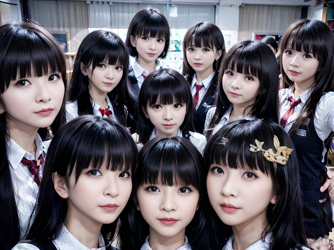 a picture、multiple girls,5girls、Same face, matching school uniform、5 cute girls with long black hair and big breasts、a smile、selfee、‎Classroom、Raw photo、The same face、same person