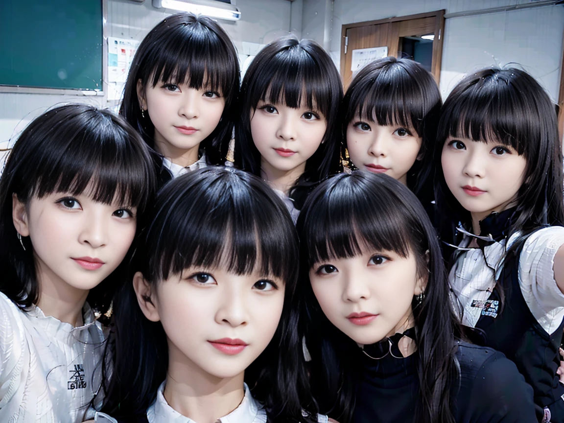 a picture、multiple girls,5girls、Same face, matching school uniform、5 cute girls with long black hair and big breasts、a smile、selfee、Classroom、Raw photo、The same face、same person