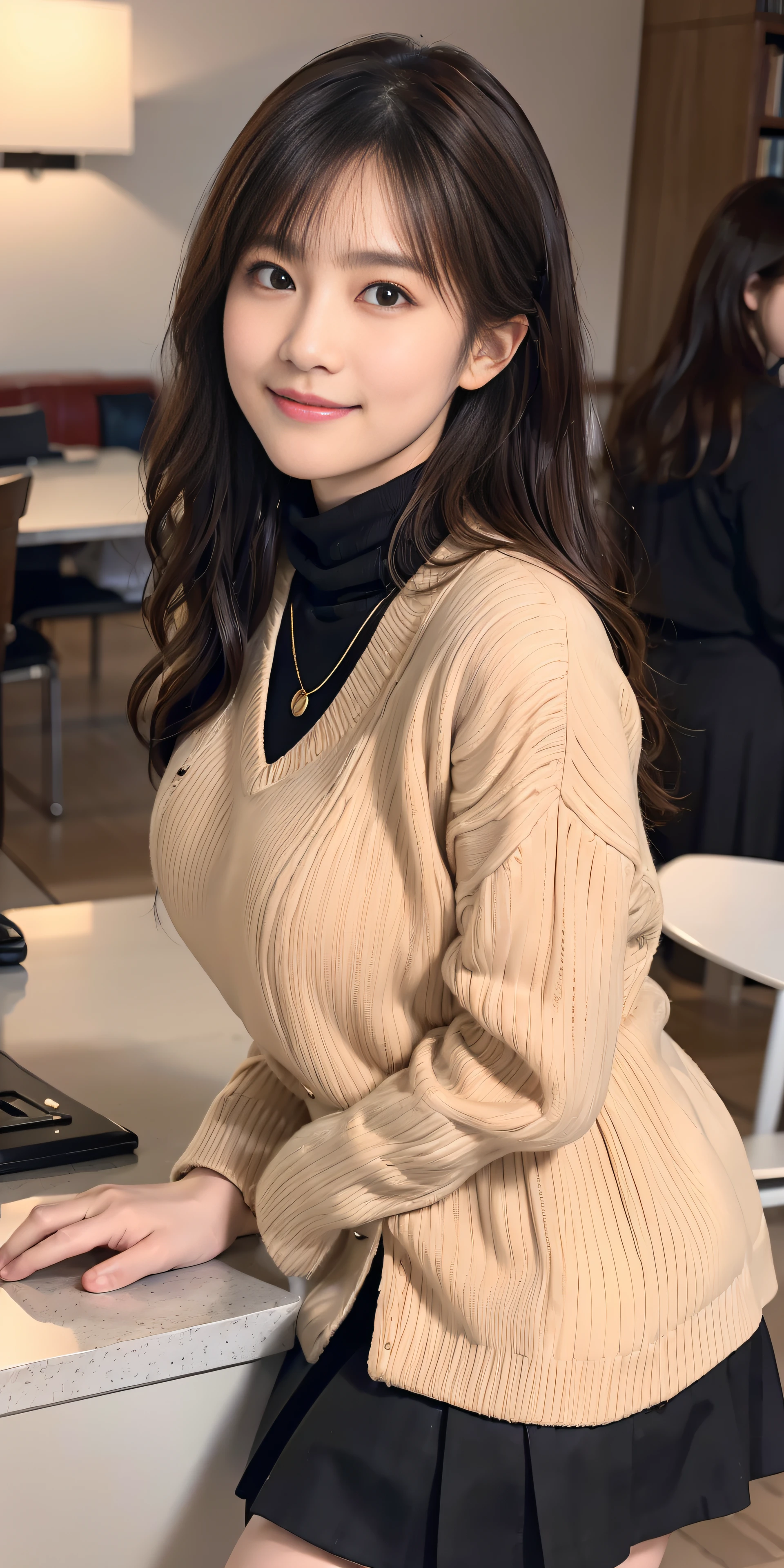 top-quality、Top image quality、masterpiece、governess、25 years old women, black wavy long hair、bangss、tight beige turtleneck sweater, Puffy nipple、Long flared skirt in black, jaket、Medium milk, cute smile face、(Butt sticking out pose)、Face of shame、Shake your head、high-heels、sexy pose、Big necklace、耳Nipple Ring、Photos showing the whole body、Inside the library、put your elbows on the table