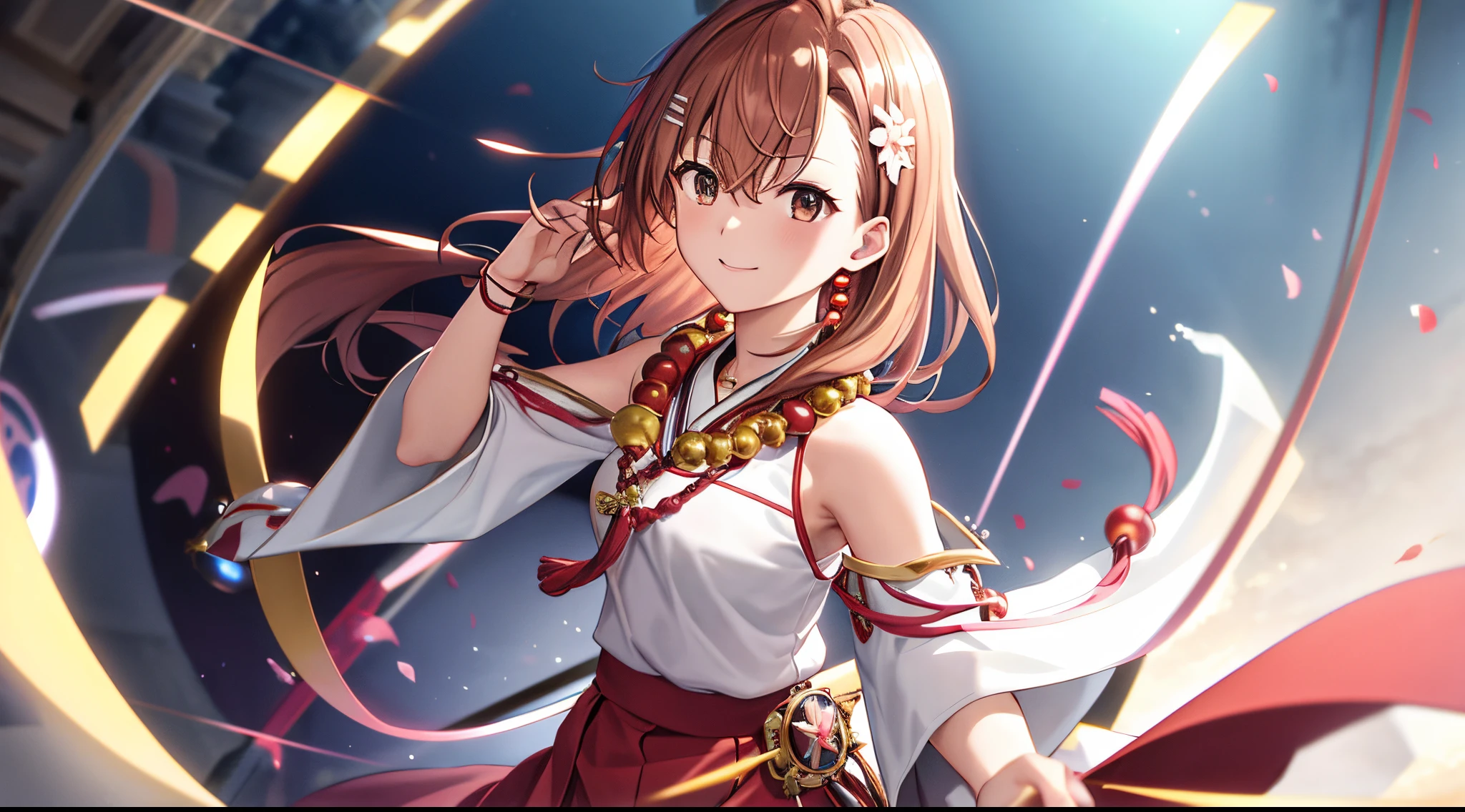 Anime view of Misaka mikoto, 1girl, girl, kawaii, solo, chestnut hair, hairpin,brown eyes, standing, looking at viewer,smile,saint red robe with beads,praying beads on neck, long skirt,white marbled greek Acropolis flower garden,anime style,deep depth of field,wide angle view,Lumen Reflections,Screen Space Reflections,Diffraction Grading,Chromatic Aberration,GB Displacement,Scan Lines,Ray Traced,Anti-Aliasing,FXAA,TXAA,RTX,SSAO,Shaders,OpenGL-Shaders,GLSL-Shaders,Post Processing,Post-Production,cell Shading,Tone Mapping,CGI,VFX,SFX,insanely detailed and intricate, 4K