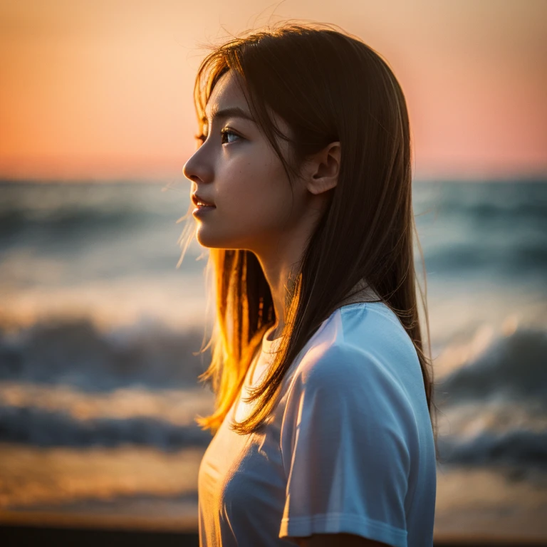 Profile looking at the sea、deadpan、sea side、（（vague））（Off-beach、）(a very delicate and beautiful)、（（Sit down））（（The background feels dark））、a very delicate and beautiful)、（Golden hair）（Pulling angle）(tshirts)、dynamic ungle、portlate)、(smooth hair)、（Big eyes）Beautiful expression、de pele branca、depth of fields、radiant lips、sad、（mournful）Sunset background、