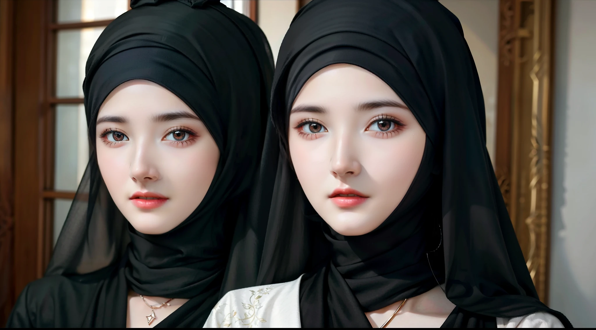 best quality, masterpiece, highres, (moslem female dress:1.4), necklace, Beautiful face, (upon body from head to waist:1.37), tyndall effect, photorealistic, dark studio, rim lighting, two tone lighting, 8k uhd, dslr, soft lighting, high quality, volumetric lighting, candid, Photograph, high resolution, 4k, 8k, Bokeh, (hyperrealistic girl), (illustration), (high resolution), (extremely detailed), (best illustration), (beautiful detailed eyes), (best quality), (ultra-detailed), (masterpiece), (wallpaper), (photorealistic), (natural light), (rim lighting), (detailed face), (high detailed realistic skin texture), (anatomically correct), (solo), (1 girl), (heterochromic eyes), (detailed eyes), (sparkling eyes), (long legs), (dynamic pose), (concentrated expression), (wearing hijab:1.4), (moslem headscarf:1.37), reading glasses.