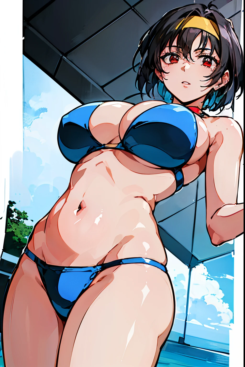 (masterpiece, best quality:1.2), super fine illustration, ultra-detailed, highres, 8K wallpaper, detailed face, detailed eyes,
cowboy shot, looking at viewer,
ryoko, red eyes, short hair, black hair,
(large breasts),
hairband, loose bikini,
sea,