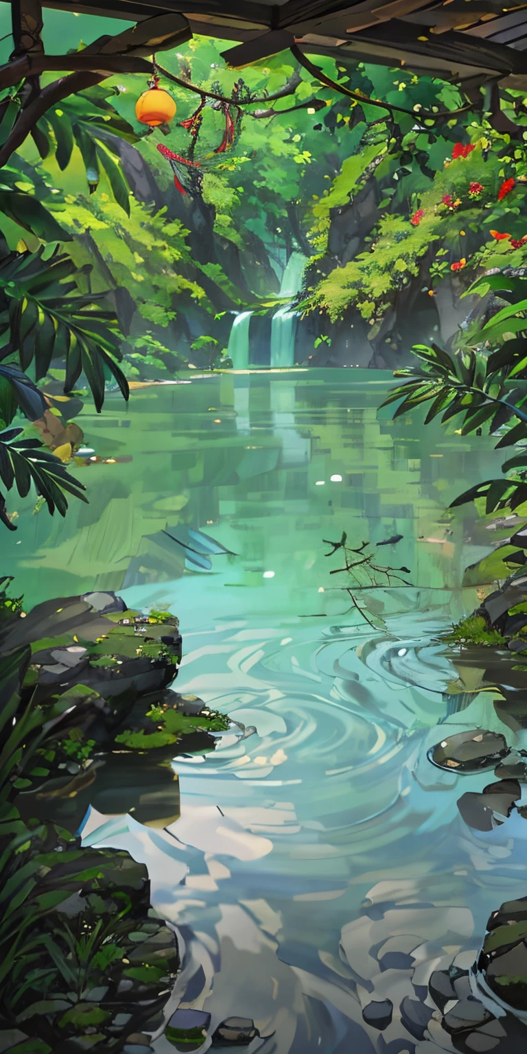 Chinese ancient times, spring, jungle, lake, cave, waterfall, tree, meadow, rock, deer, hot spring, water vapor, (illustration: 1.0), epic composition, realistic lighting, HD details, masterpiece, best quality, (very detailed CG unified 8k wallpaper)