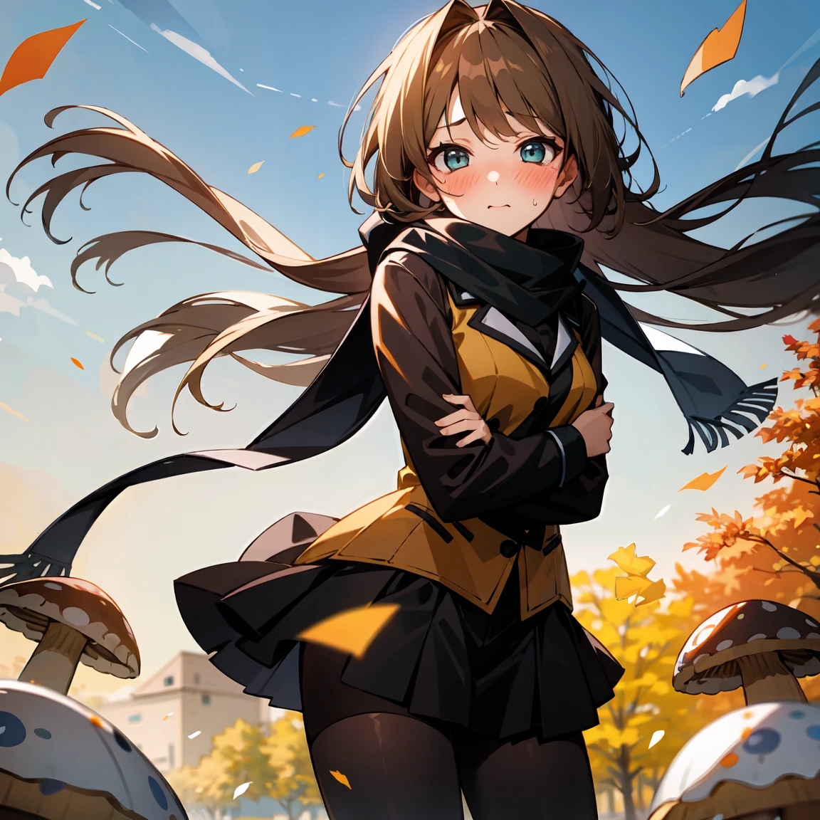 (looking at mushroom:1.1), highly detailed beautiful eyes, 1girl, kawaii, embarrassed, blush, floating long hair, skirt, wind lift, scarf, duffel coat, pantyhose, Autumn leaves are fluttering down in the wind, masterpiece, best quality, high resolution, highly detailed,