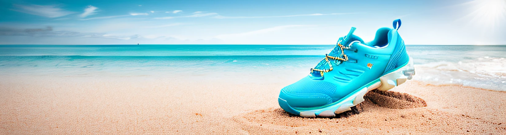 Close up of a pair of hiking boots on white background,  Light, wide angle establishing shot, Surreal, environmental shot, Close establishing shot,Detailed shooting, full height view, opinion, advertisement picture, Wide image, a digital rendering, Subject content：There is a beach in the middle of the sea，with blue sky and white clouds，Several coconut trees on the beach，beach chair，surfboard，swim ring style form：Surreal style，claymaterial，c4d渲染，blender，3D scene image settings：hyper-detailing，（hyper HD），（8K quality），（tmasterpiece）（delicate picture quality），(Cinematic light and shadow），（Cinematic natural lines and reflections），（High quality picture background）