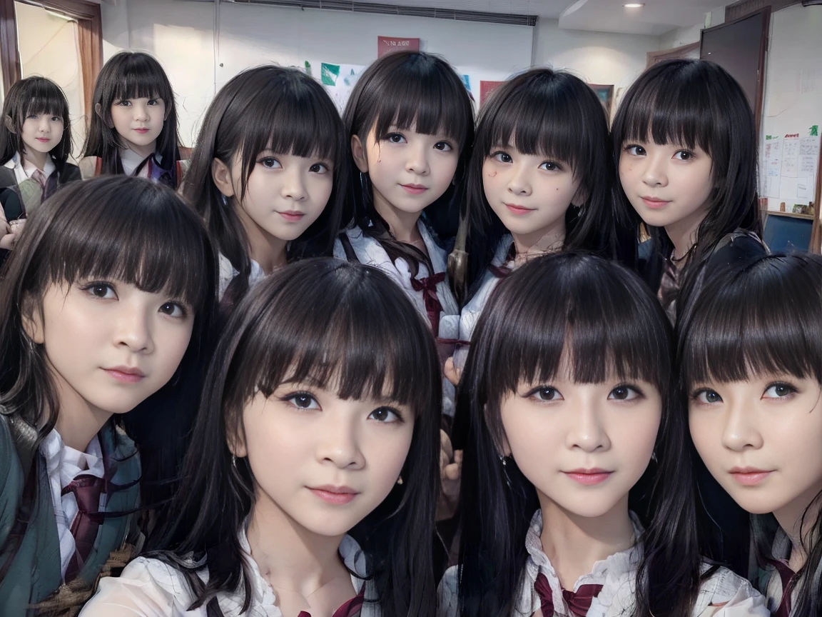 a picture、multiple girls,5girls、Same face, matching school uniform、5 cute girls with long black hair and big breasts、a smile、selfee、‎Classroom、Raw photo、The same face、same person