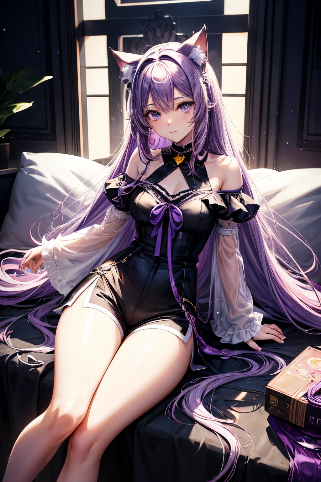 Girl with long purple hair, Slim, pretty, little chest, shows panties under the skirt, lie down on bed