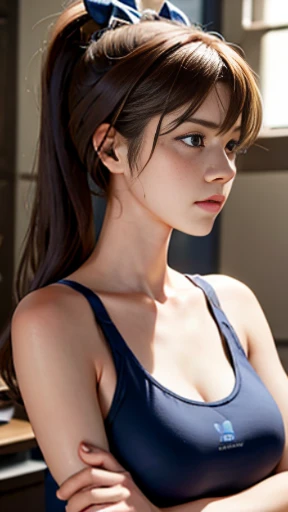 girl, blue eyes, Esport kitty headphones, light brown hair, tanktop, in the living room, frown, realistic fingers, high texture hands, folded arms, annoyed facial expression, side view