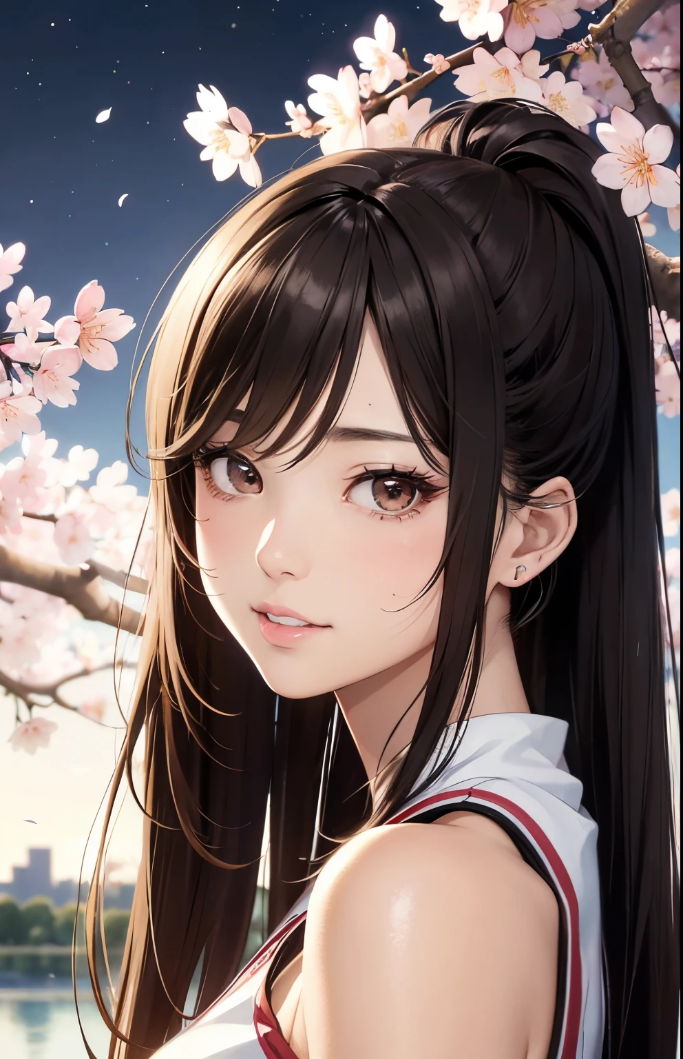 masterpiece、top-quality、hight resolution, outdoor, ((artistic night view, night sky)), (((cherry blossoms background))), High-quality images、8K, 1 woman、skin gloss、Texture of skin and clothing、Detailed eye expression、Lustrous hair,girl with long hair, Manga inspired by Lee Jong-suk, trending on deviantart, Realism, detailed manga style, manga art style, perfect lineart, beautiful line art, digital manga art girl, kpop idol, detailed brown eyes, plump lips, detailed gorgeous face, (cute smile), seductive, innocent, sideview, (perfectly detailed face), (well detailed hand) photorealistic image, depth of field, japanese hime cut hairstyle, ((wearing basketball uniforms)), blush, pony tail, narrow waist, bare shoulders