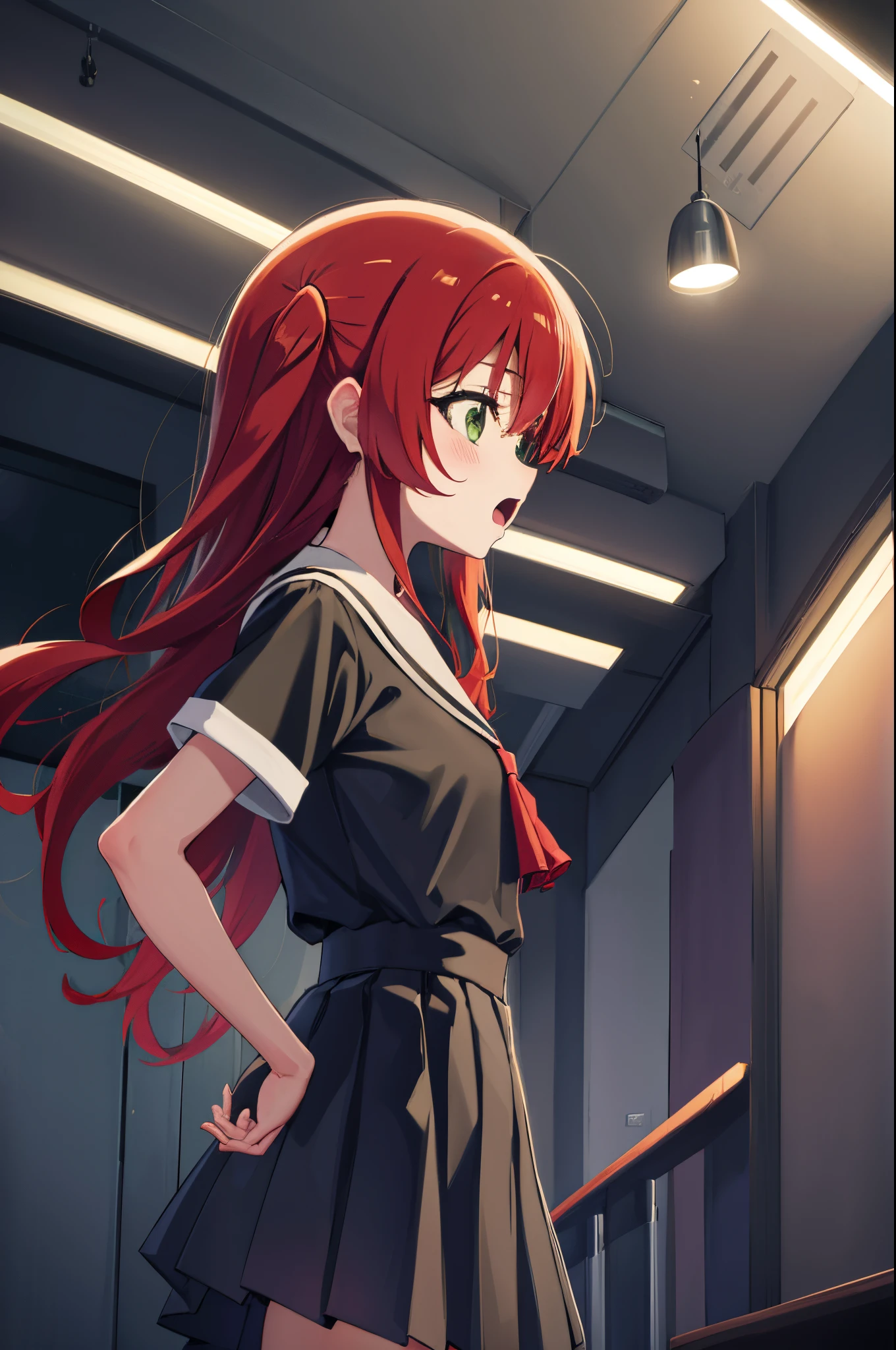 kitaikuyo, ikuyo kita, (green eyes:1.5), hair between eyes, long hair, one side up, red hair, (flat chest:1.2),
BREAK black footwear, black skirt, grey sailor collar, pleated skirt, sailor collar, school uniform, shoes, short sleeves, shuka high school uniform, skirt,,
BREAK looking at viewer,
BREAK indoors, classroom,
BREAK (masterpiece:1.2), best quality, high resolution, unity 8k wallpaper, (illustration:0.8), (beautiful detailed eyes:1.6), extremely detailed face, perfect lighting, extremely detailed CG, (perfect hands, perfect anatomy),up chest.big breasts.Sad face.open mouth.Looking from the side.put hands on the hip