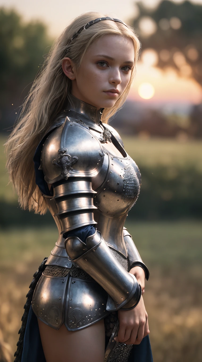(masterpiece), (extremely intricate:1.3), (realistic), portrait of a girl, the most beautiful in the world, (medieval armor:1.4), metal reflections, upper body, outdoors, intense sunlight, far away castle, professional photograph of a stunning woman detailed, sharp focus, dramatic, award winning, cinematic lighting, octane render unreal engine, volumetrics dtx, (film grain, blurry background, blurry foreground, bokeh, depth of field, sunset, motion blur:1.3), chainmail