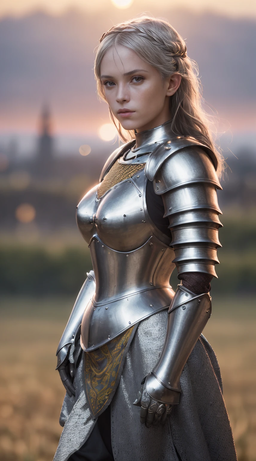 (masterpiece), (extremely intricate:1.3), (realistic), portrait of a girl, the most beautiful in the world, (medieval armor:1.4), metal reflections, upper body, outdoors, intense sunlight, far away castle, professional photograph of a stunning woman detailed, sharp focus, dramatic, award winning, cinematic lighting, octane render  unreal engine,  volumetrics dtx, (film grain, blurry background, blurry foreground, bokeh, depth of field, sunset, motion blur:1.3), chainmail