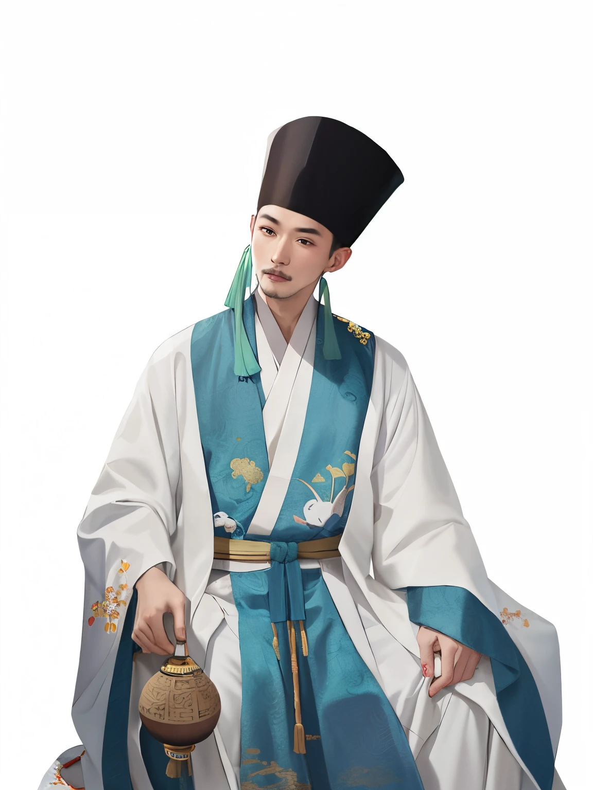 A chinese dressed in a traditional Chinese costume holding a fan, wearing ancient chinese clothes, with acient chinese clothes, hanfu, inspired by Emperor Huizong of Song, traditional chinese clothing, inspired by Xuande Emperor, white hanfu, heise jinyao, white daoist robes, inspired by Zhang Sengyao, wearing flowing robes, beard, moustache, full body shot