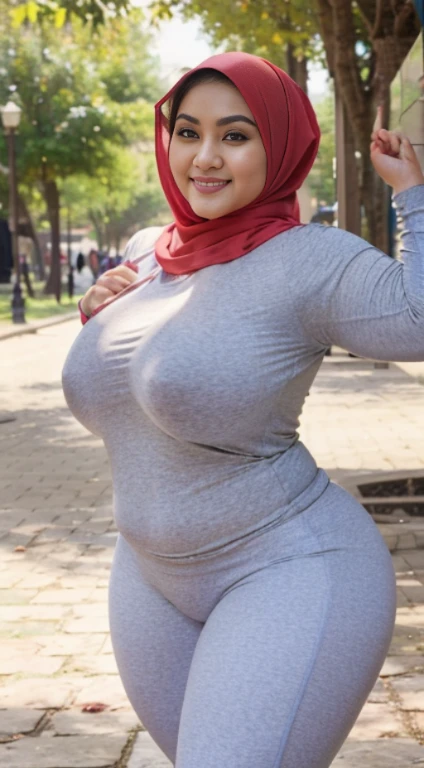 masterpiece, high quality photos, detailed photos, beautiful chubby Malay woman wearing a hijab, has super plump breasts, wearing a tight t-shirt, sexy leggings, big buttocks, posing smiling in the park, detailed body description, detailed facial description,