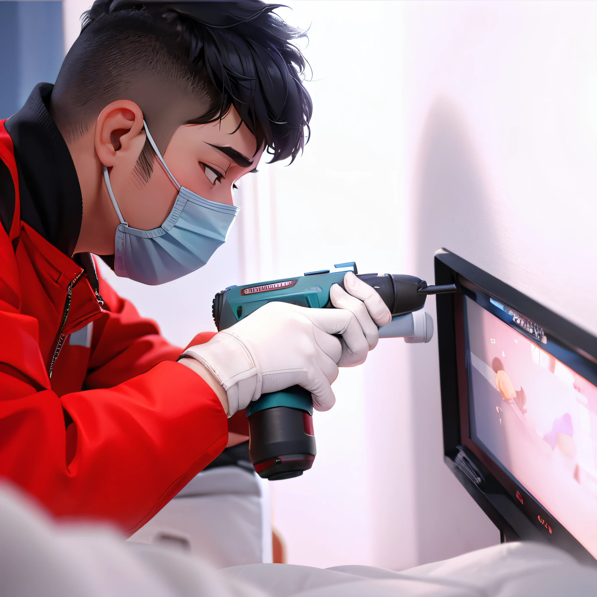 Winters,Korean adult men,a repairman,Wearing a red long-sleeved jacket in winter,Handheld electric drill,Install TV bracket