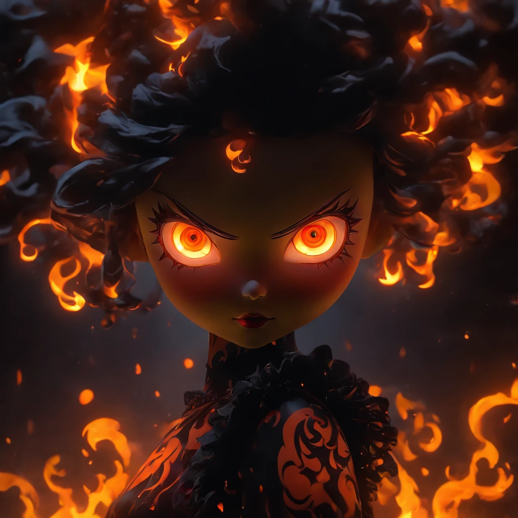 female goth porcelain doll with glowing orange eyes, flames for hair