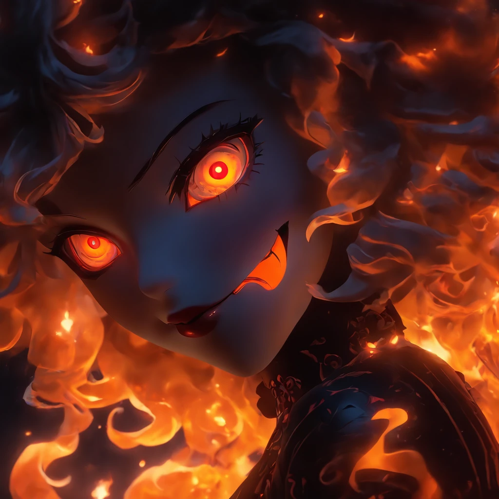 female goth porcelain doll with glowing orange eyes, flames for hair