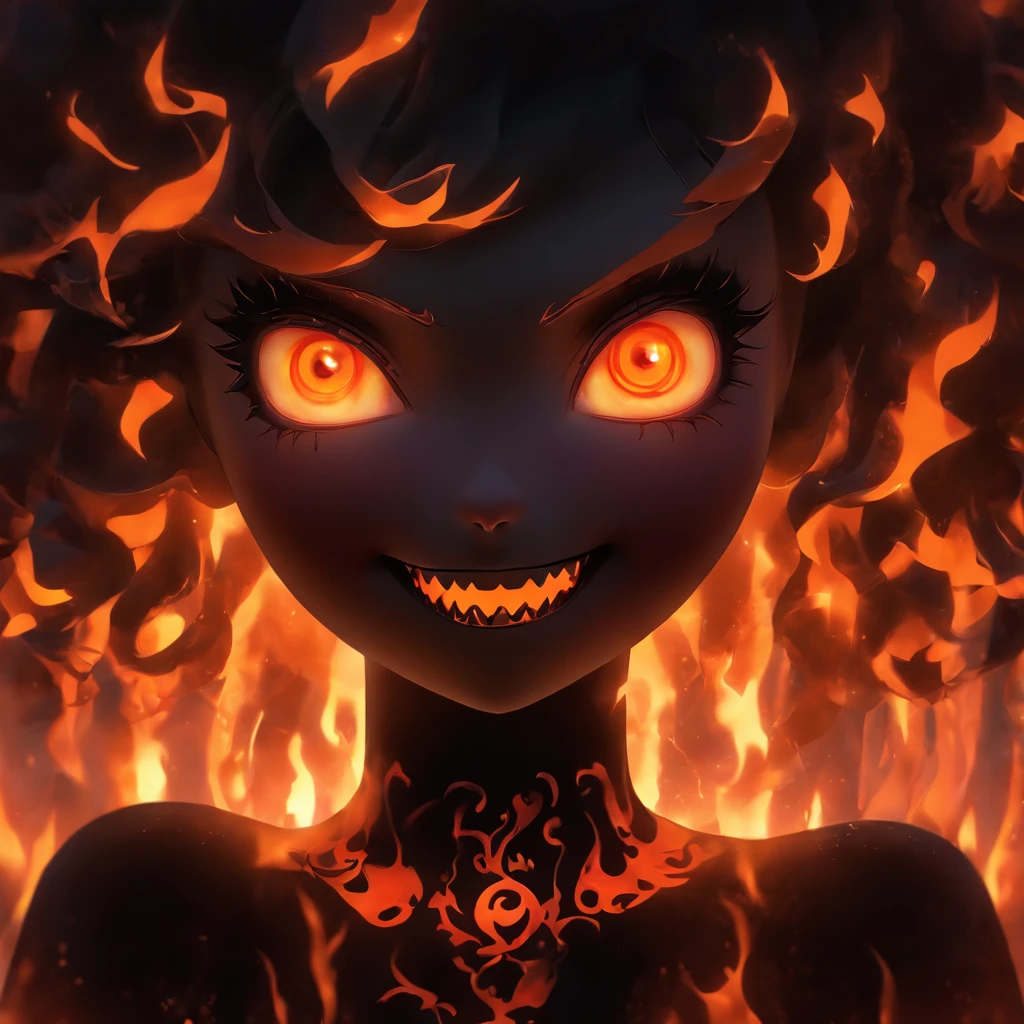 female goth porcelain doll with glowing orange eyes, flames for hair