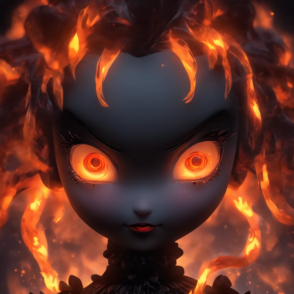 female goth porcelain doll with glowing orange eyes, flames for hair
