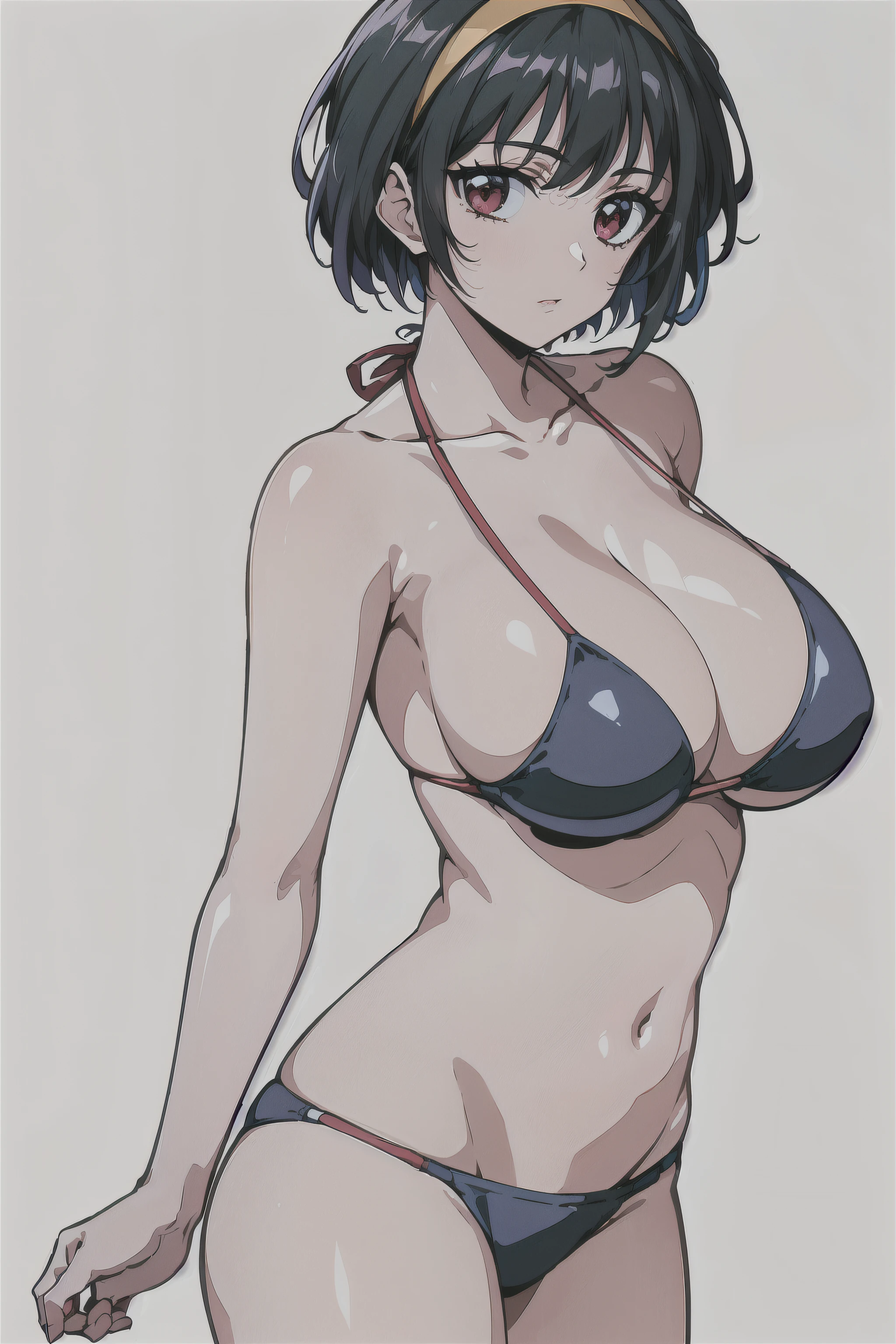 (masterpiece, best quality:1.2), super fine illustration, ultra-detailed, highres, 8K wallpaper, detailed face, detailed eyes,
cowboy shot, looking at viewer,
ryoko, red eyes, short hair, black hair,
(large breasts),
hairband, bikini,
sea,