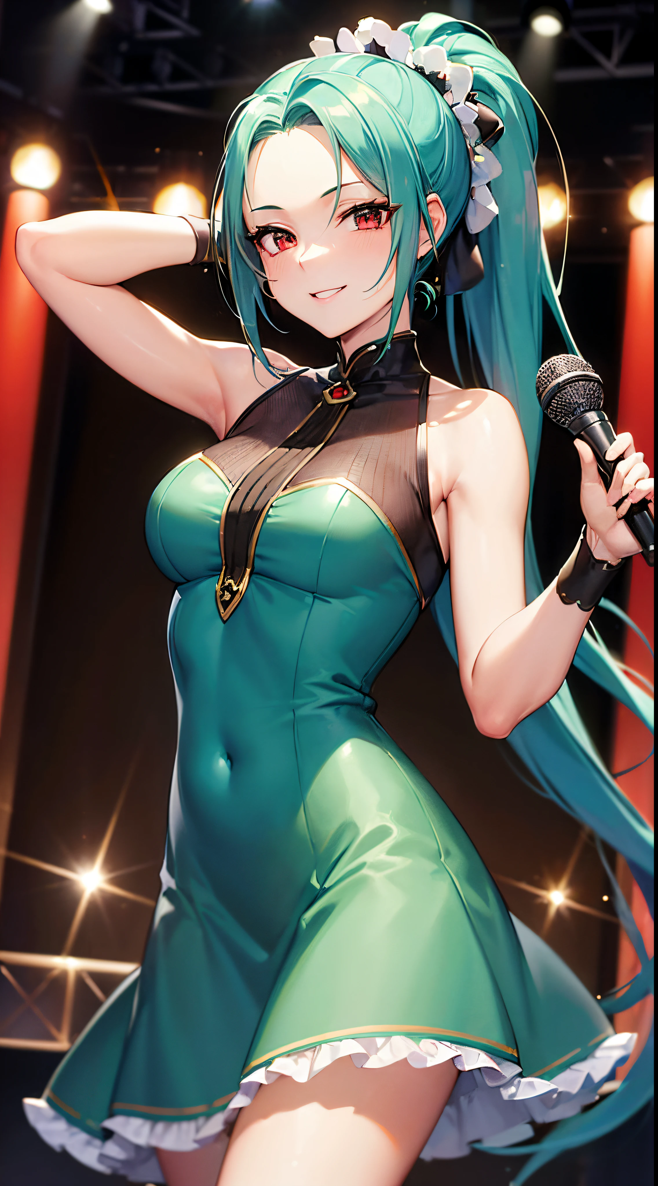 (Masterpiece: 1.4), (Best Quality: 1.4), High Resolution, High Detail, woman, mature, upper body, cyan hair, long ponytail, forehead, red eyes, look at viewer, smile, microphone, green-dress, stage, sparkling
