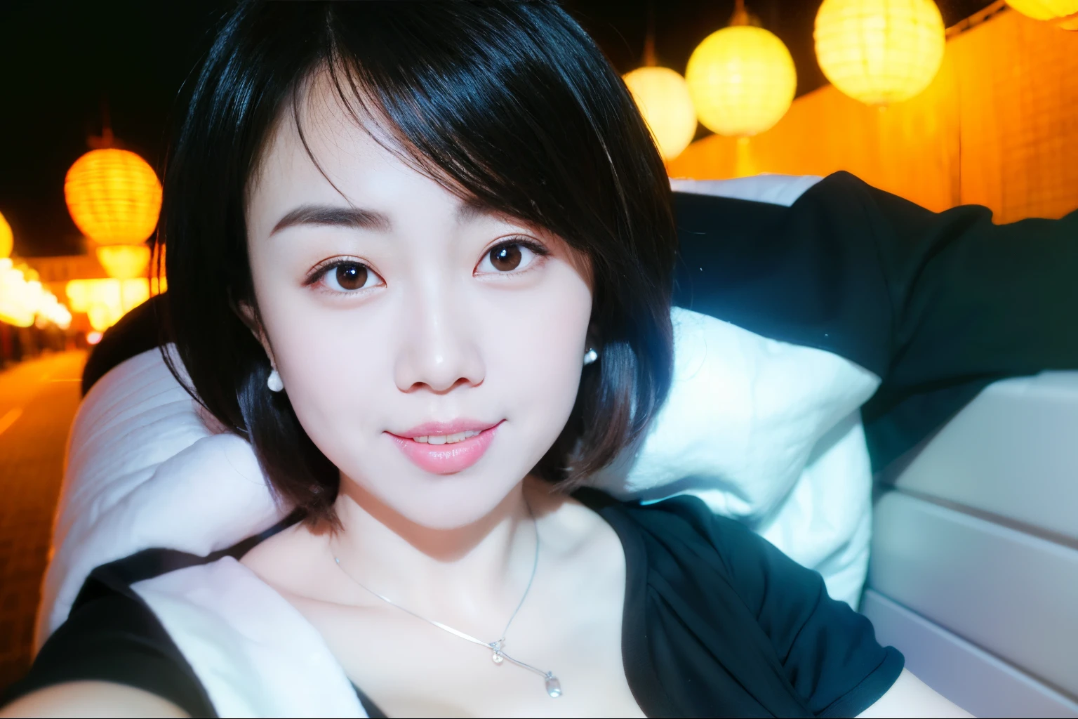 ((Best quality at best, 8K, tmasterpiece:1.3)), focal:1.2, Beautiful woman with perfect figure:1.2,  ((Cut your hair into layers:1.2)), , (upper part of body:1.3), Bandeau Dress:1.1, Highly Detailed Face and Skin Textur, A detailed eye, 二重まぶた，Whitening Skin,ssmile，in background bokeh