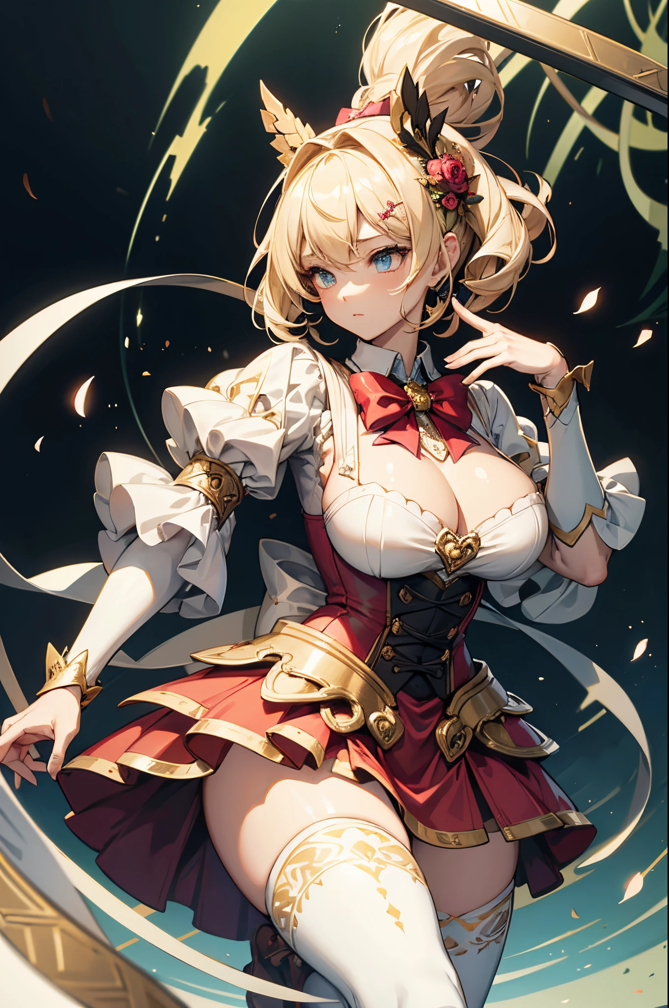 1 plump girl, tmasterpiece, Best quality at best, 10, Detailed skin texture, The texture of the fabric is delicate, beautiful detailed face, intricately details, hyper-detailing, Alice in Wonderland, (There is a bow on her head.:1.1), Upper part of the body,(Strike elegant poses),(put down your hands),perfect hand,Normal hands, Crop topping, a slender waist,((combed blonde hair))
